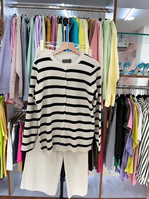 PLOYPA Casual Strip Cardigan With Loose Wide Leg Pants